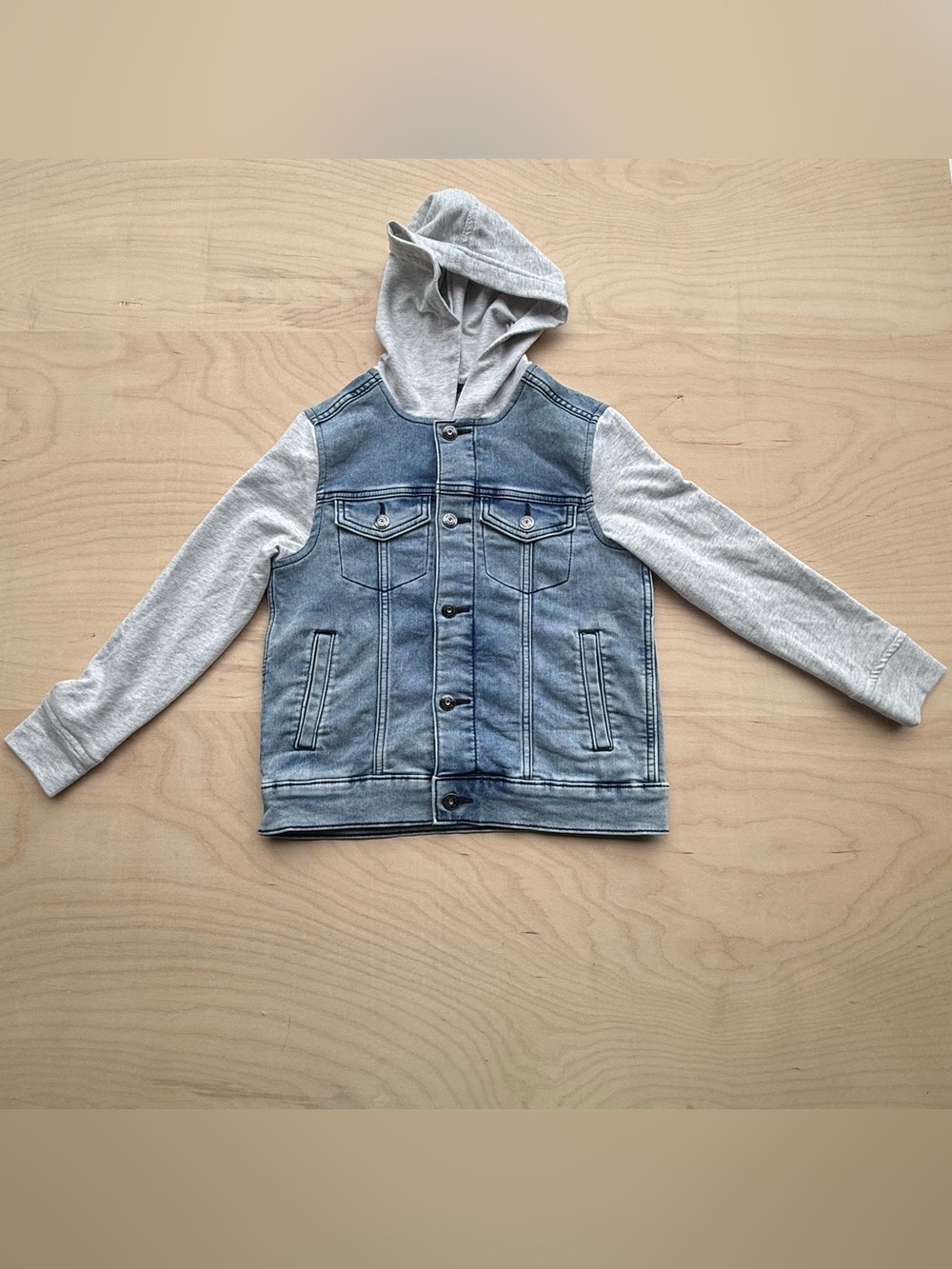 Art Class Kid's Blue Denim Hybrid Hooded Jacket Gray Sleeves Button Down size S